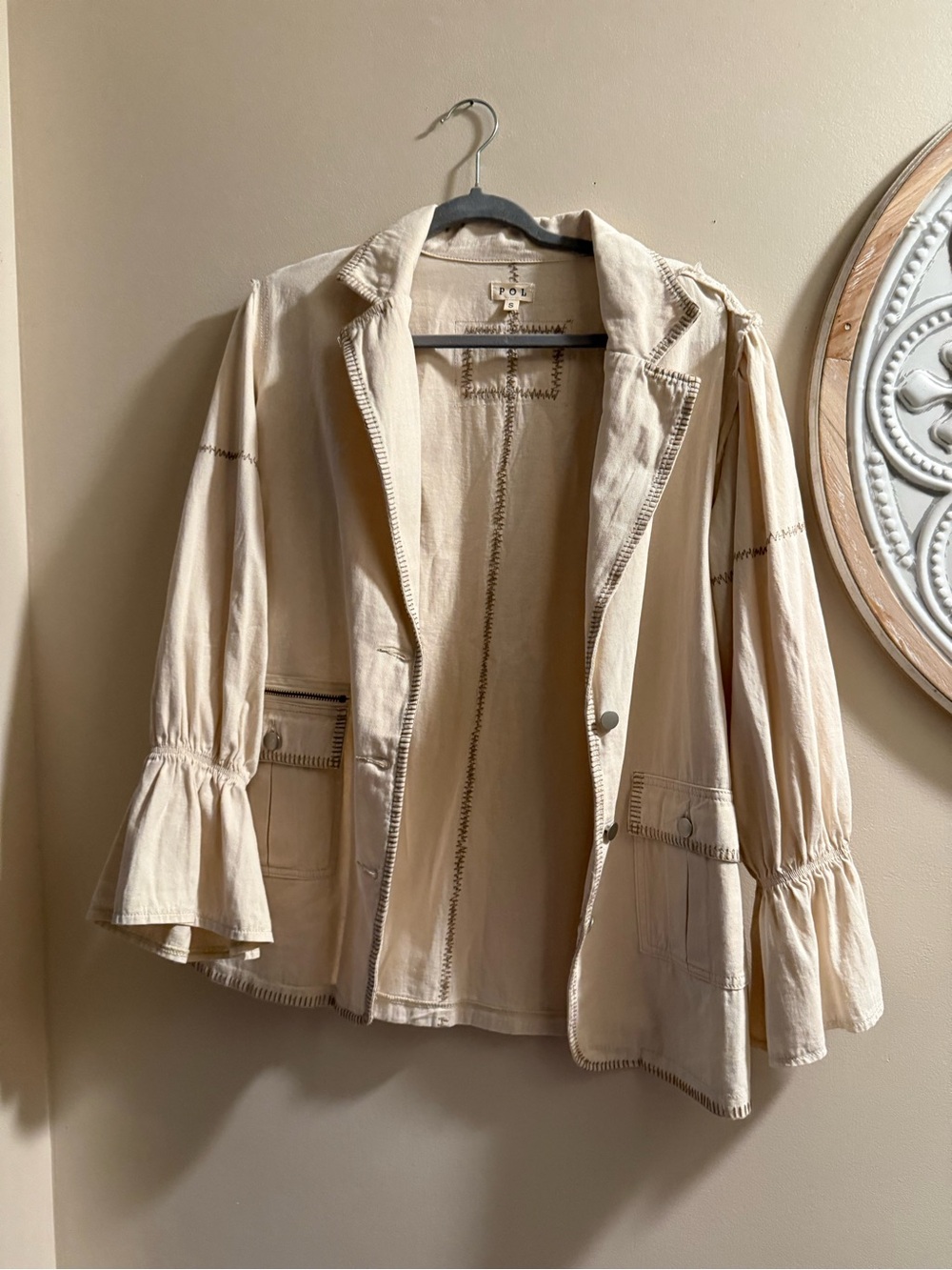 POL Cream Bell-Sleeve Blazer with Contrast Stitching